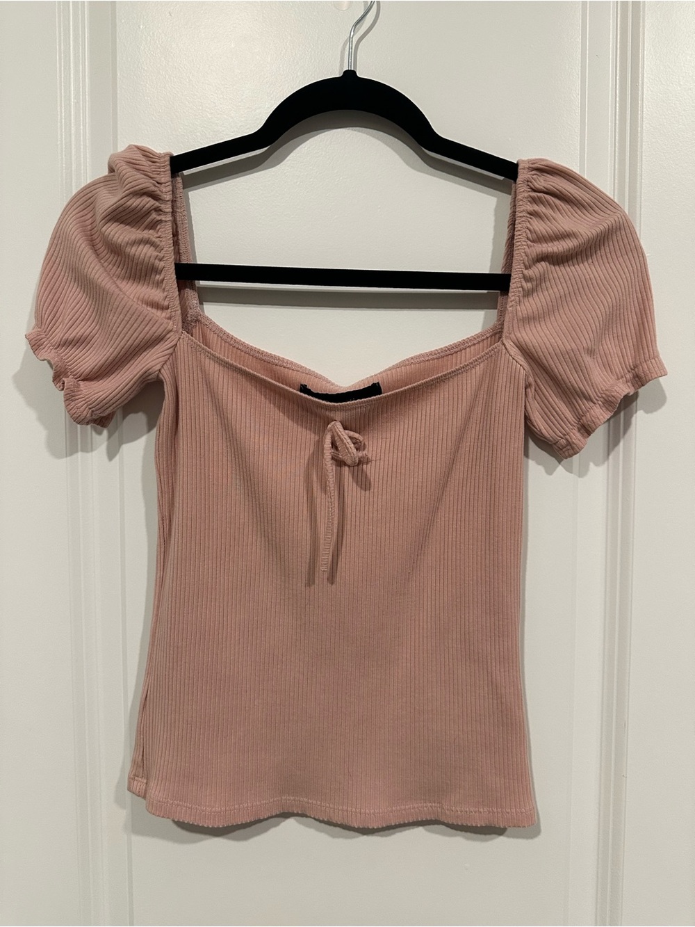 Reformation Blush Ribbed Puff-Sleeve Crop Top